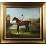 20th century, Oil on Canvas by Julian Holsford, of a Chestnut Racehorse with mounted rider. Signed
