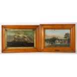 Pair of oil paintings in birds eye maple frames. 'Pin Mill,' Suffolk, J Crane, (brass plaque to