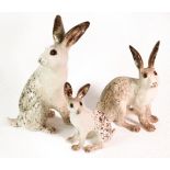 Set of Three Winstanley Hares. Size 6, size 5 and size 2. Hand made and painted with cathedral glass