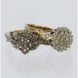 Two 9ct yellow gold multi row diamond cluster rings with diamond shoulders, weight 5.2g