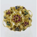 18ct yellow gold cocktail ring in the form of a bouquet of flowers set with rubies, sapphires and