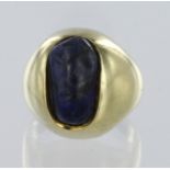 9ct yellow gold signet syle ring set with single elongated oval blue hardstone cabochon measuring