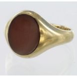 9ct yellow gold signet ring set with oval carnelian stone, finger size R/S, weight 6.0g