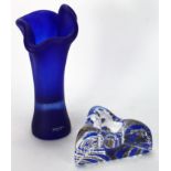 Kosta Boda. A Late 20th Century Abstract Matte Cobalt Glass Vase. Height Measures 20cm, in excellent