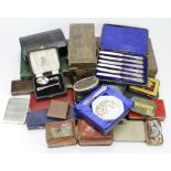 Large quantity of various cutlery, silver plate (some silver noted), pair of old binoculars, display