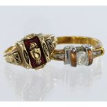 Two rings to include a 10ct yellow gold 1969 graduation ring set with red stone, finger size M,