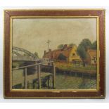 Oil on Canvas. Depicting a river scene and thatched rural building with inscription 'Vincent' on the