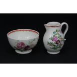 Lowestoft sparrow beak cream jug & small pedestal bowl, circa 1770-75, both with floral