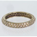 18ct yellow gold three row domed full eternity pave set diamond ring, finger size N/O, weight 2.1g