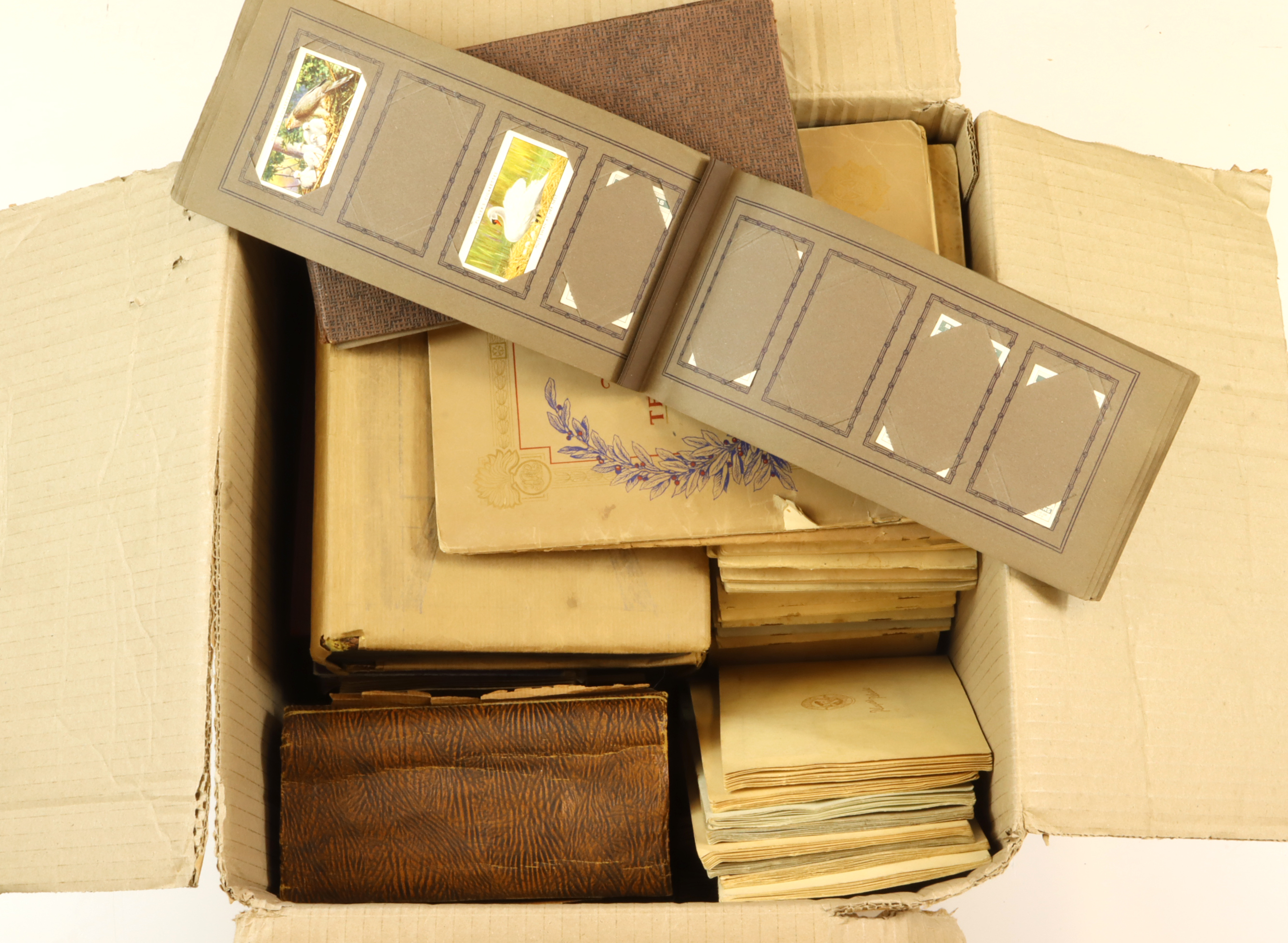 Large box containing quantity of vintage album, both slot in & stuck in, well filled with cards