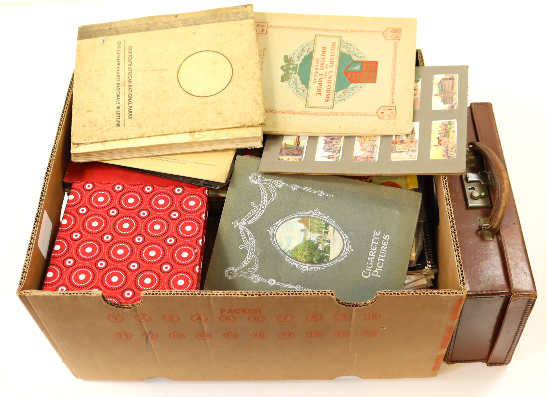 Crate containing large quantity of cards in albums, sorted in envelopes, loose, etc, sets, part