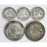 Australia Silver (5): Shillings 1915H x2 VG and GF, Threepences: 1918M cleaned GVF, 1921 polished