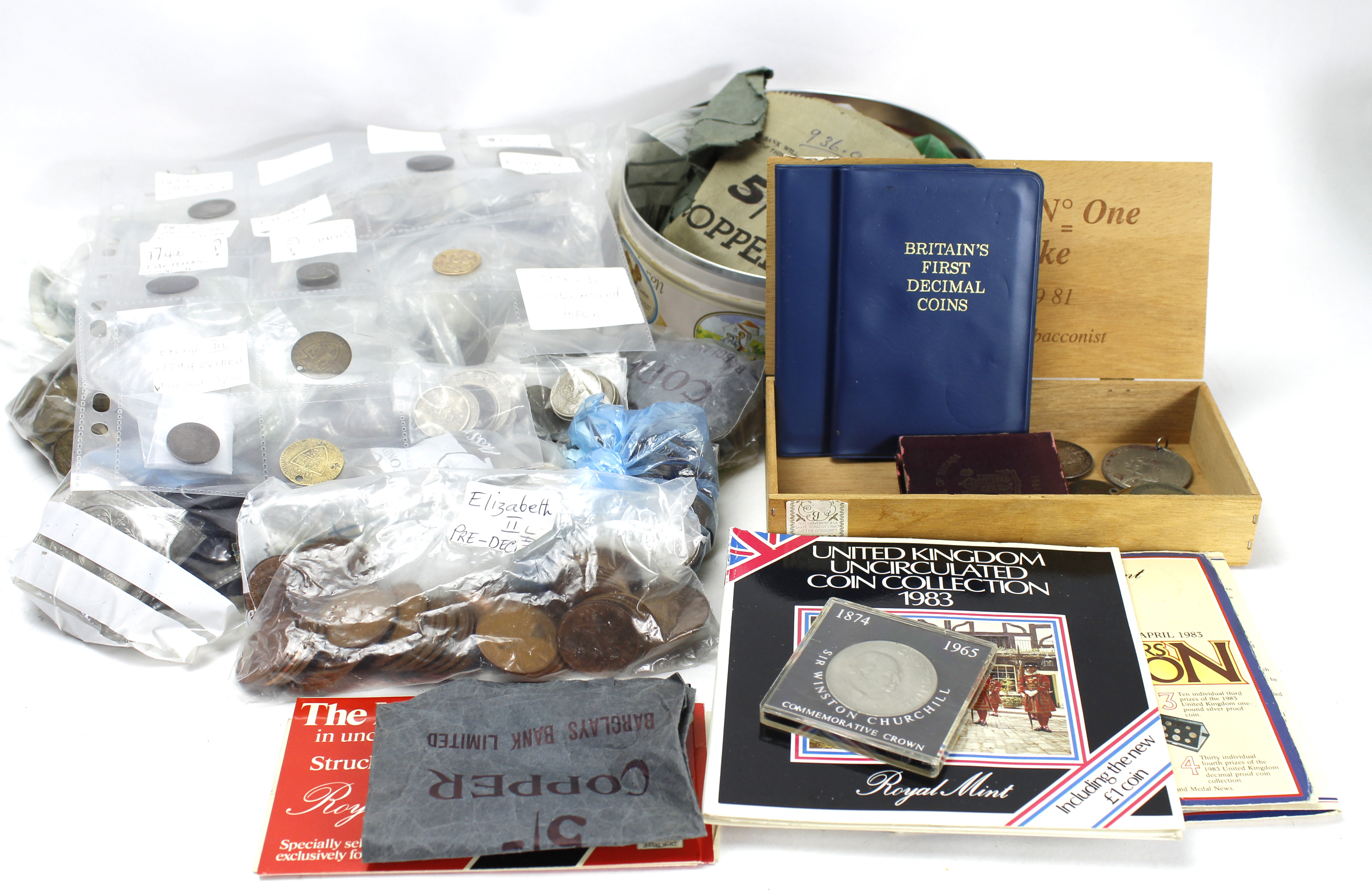GB & World accumulation in a stacker box, mostly mixed world coins and predecimal, a few sets,
