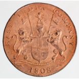 India, East India Company copper 20 Cash 1808, light water damage EF with lustre (a shipwreck