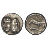 Ancient Greek: Istros silver Stater, 4th to 3rdC BC. Two male heads inverted / Eagle with dolphin in