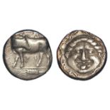 Ancient Greek: Mysia, Parion silver Hemidrachm 4thC BC. Bull standing l., head turned, over grain
