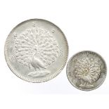 Burma (2) silver Kyat "Peacock Rupee" 1852 aEF, and Mat 1852 nEF