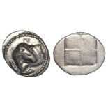 Ancient Greek: Macedon, Akanthos silver Tetrobol c.470-390 BC. Forepart of bull l., head r., ?E