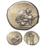 Ancient Greek: Ionia, Teos silver Diobol c.320-294 BC. Gryphon seated r. raising forepaw /
