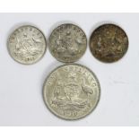Australia Silver (4): Shilling 1910 nEF, Threepences: 1911 nVF, 1912 toned AU, and 1921M VF.