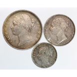 India (3) East India Company, Queen Victoria silver Rupee, Half Rupee and Quarter Rupee 1840,