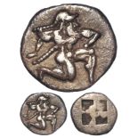 Ancient Greek: Islands off Thrace, Thasos silver Diobol c.500-480 BC. Satyr running r. /
