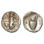 Ancient Greek: Islands off Thrace, Thasos silver Trihemiobol c.404-340 BC. Satyr running l.