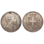 Italian State Sardinia silver 5 Lire 1855P, EF, with an attempted peircing above portrait.