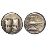 Ancient Greek: Thrace, Istros AR Drachm 4thC BC; obverse: Two young male heads facing, inverted. /