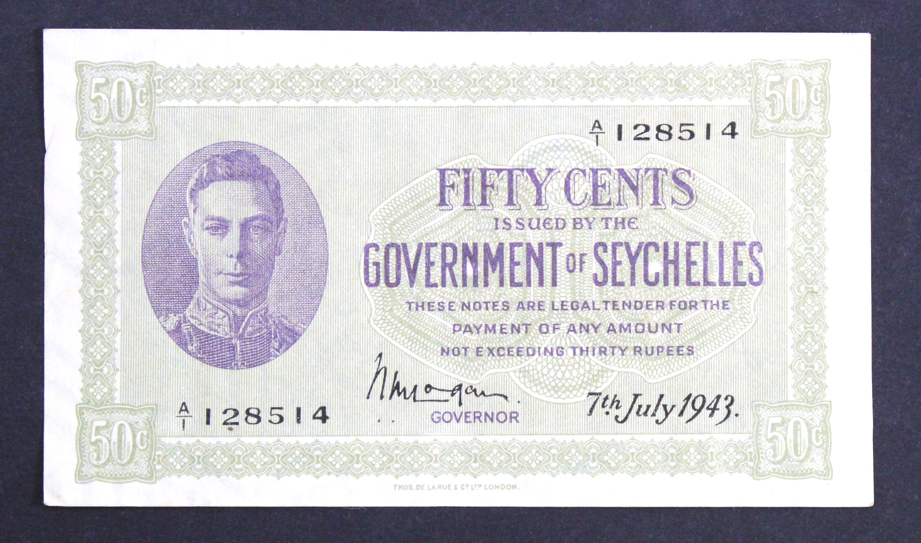 Seychelles 50 Cents dated 7th July 1943, portrait King George VI at left, signed W.M. Logan,