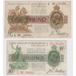 Bradbury (2), 10 Shillings issued 1918 serial C/4 281520, No with Dash (T20, Pick350b), 1 Pound