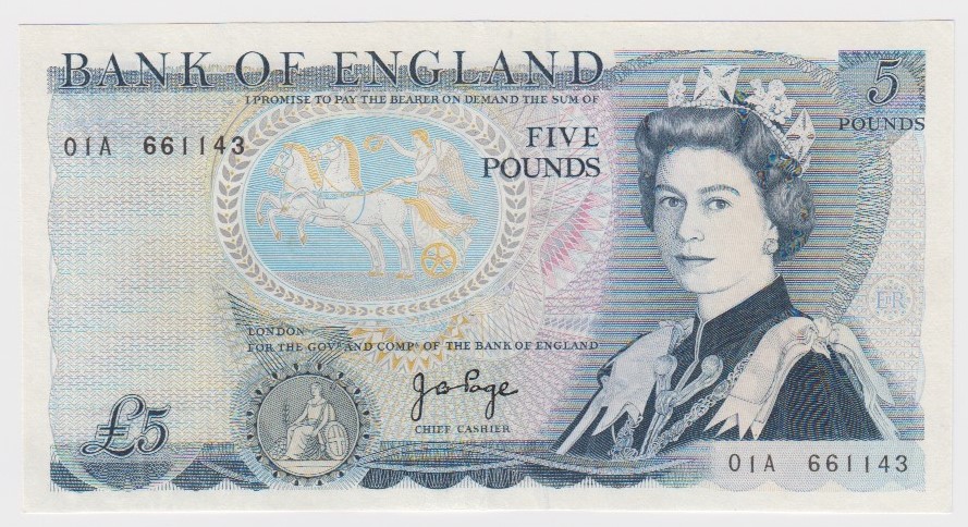 Page 5 Pounds issued 1973, very rare FIRST RUN '01A' prefix, serial 01A 661143 (B334, Pick378b)