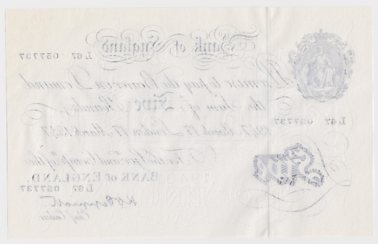 Peppiatt 5 Pounds dated 17th March 1947, serial L67 057737, London issue on thin paper, a - Image 2 of 2