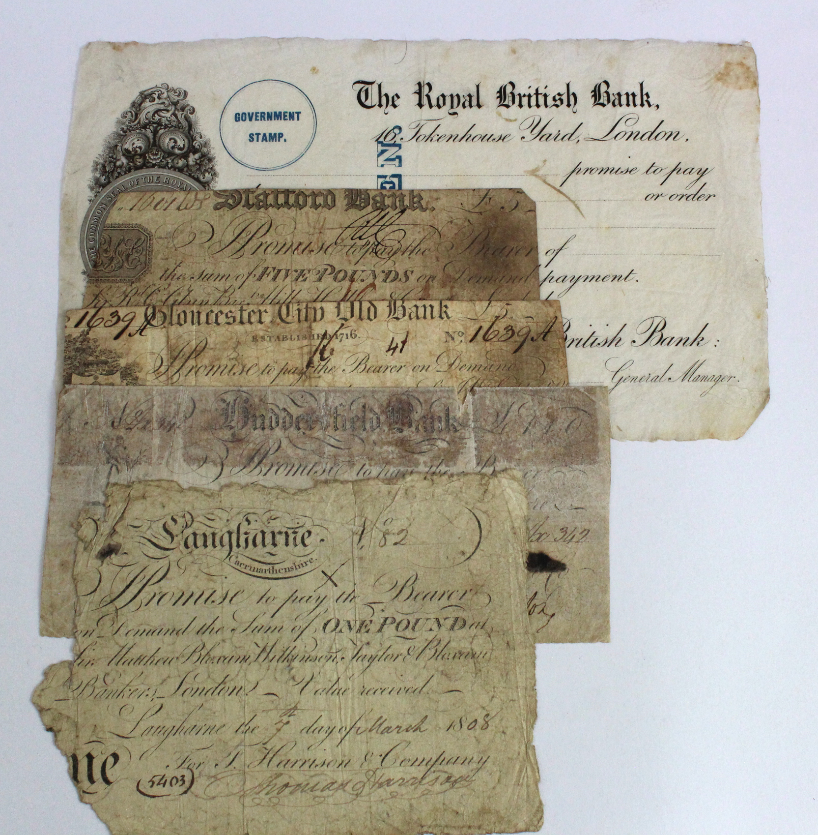 Provincial Notes (5), Huddersfield Bank 1 Guinea 1810, Gloucester City Old Bank 5 Pounds 1833,