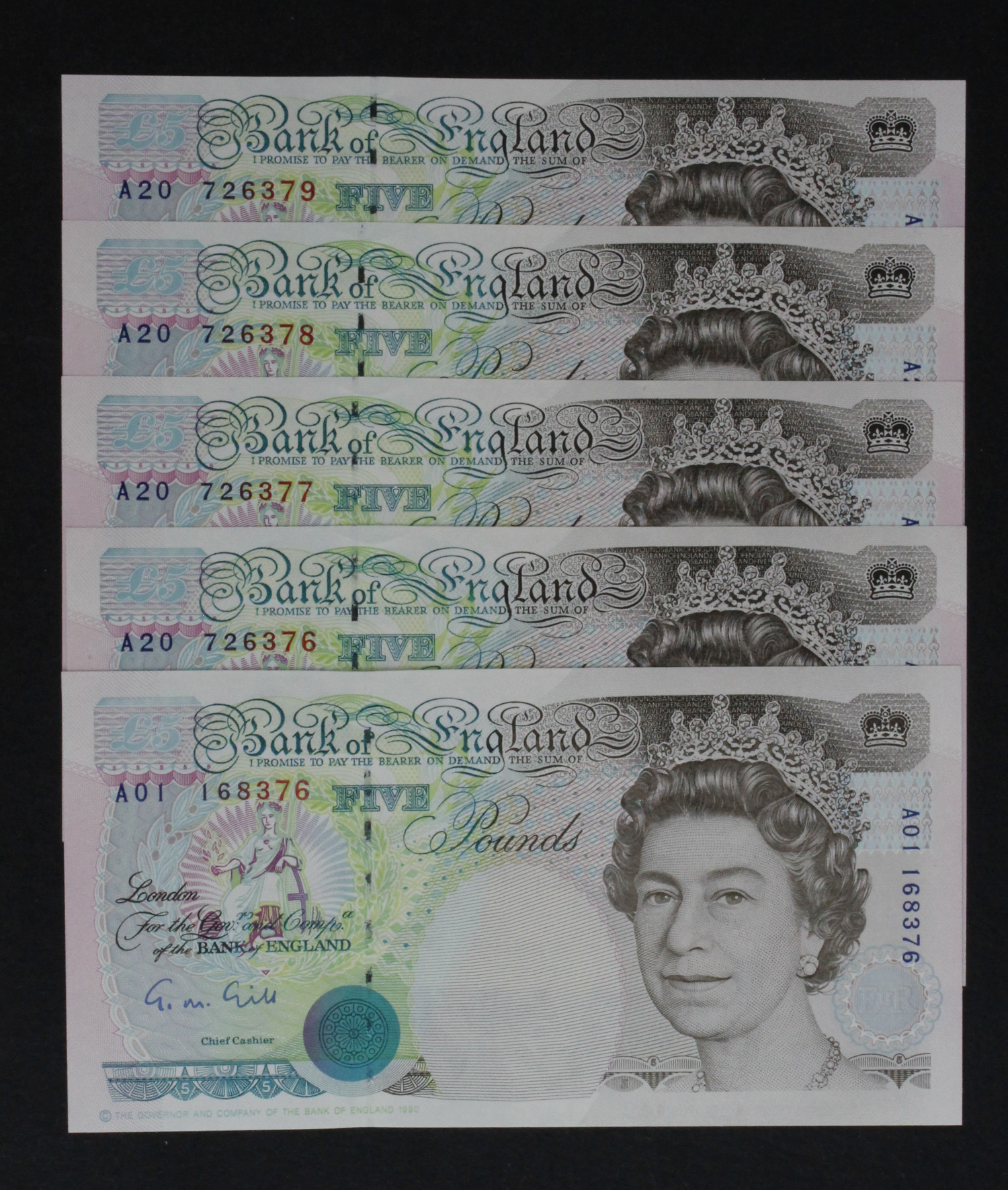 Gill 5 Pounds (5) issued 1990, comprising a FIRST RUN serial A01 168376 and a consecutively numbered