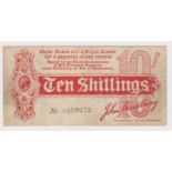 Bradbury 10 Shillings issued 1914, Royal Cypher watermark, serial A/14 899673, No. with dash (T9,