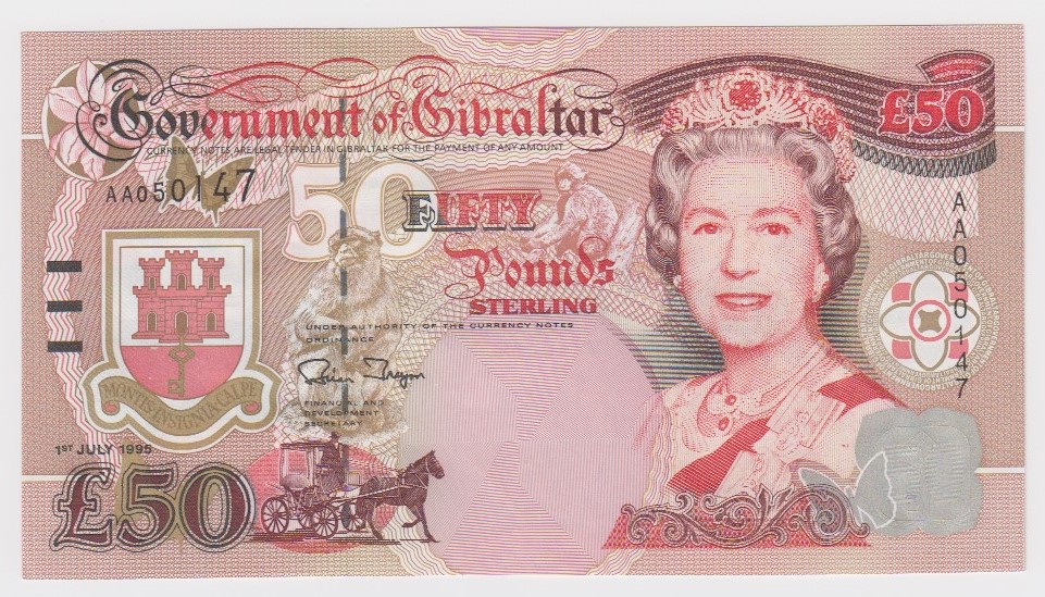 Gibraltar 50 Pounds dated 1st July 1995, Winston Churchill on reverse, a consecutively numbered note