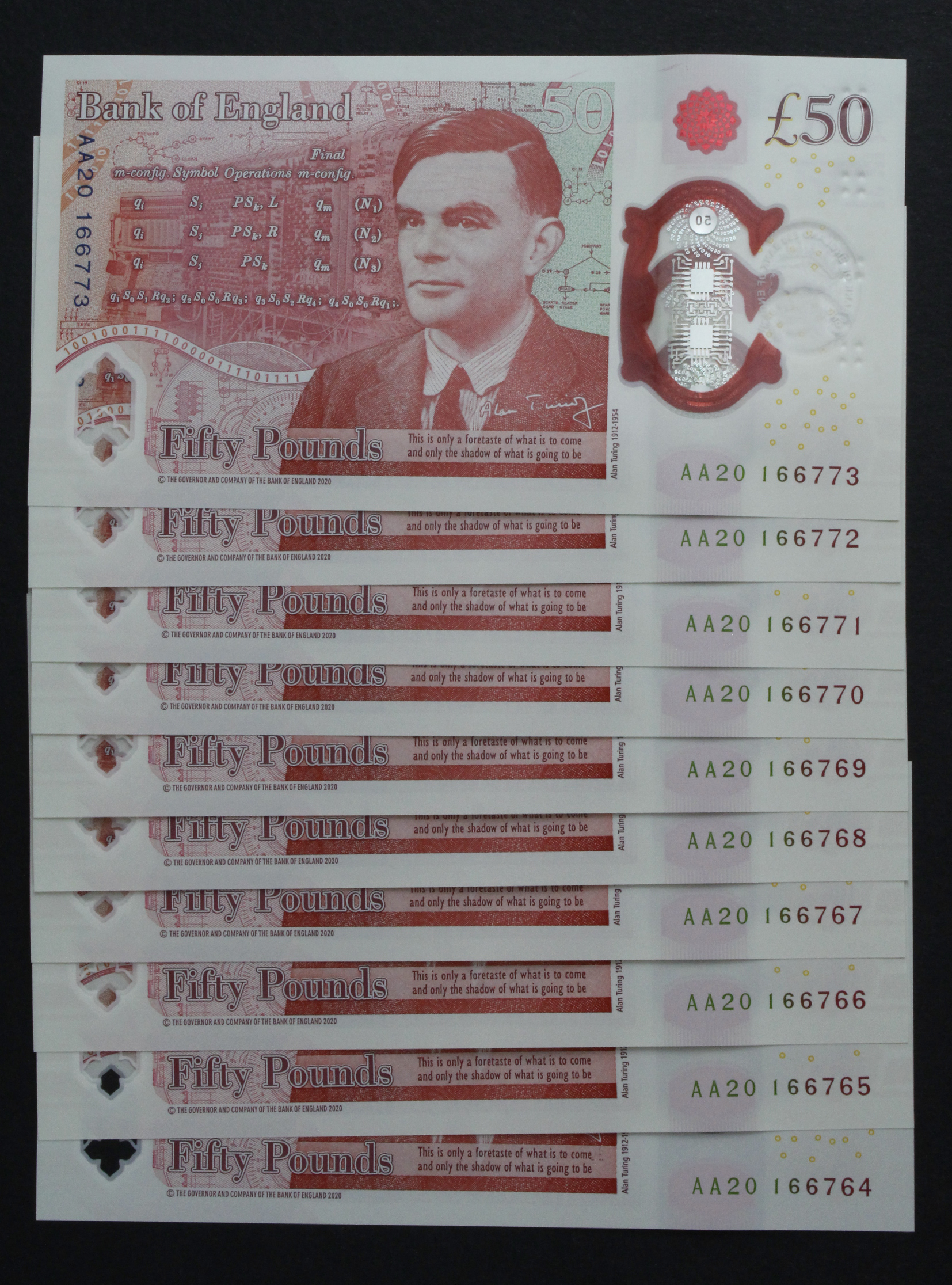 Sarah John 50 Pounds (10), new polymer issue with portrait of Alan Turing on reverse, a