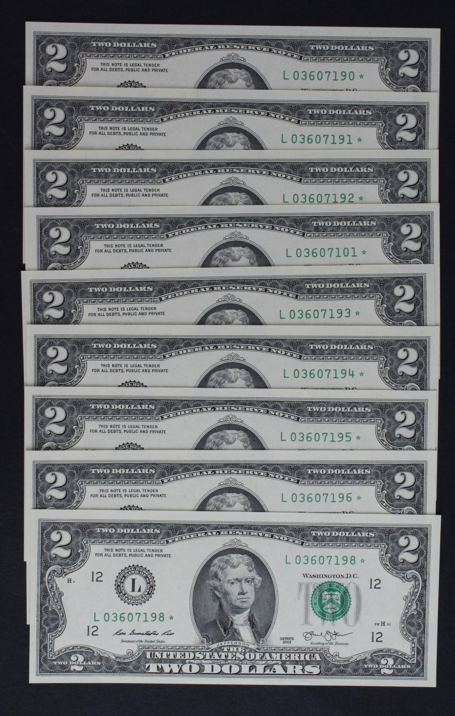 USA 2 Dollars (9) dated 2013, STAR REPLACEMENT notes in a consecutively numbered run of 8 notes plus