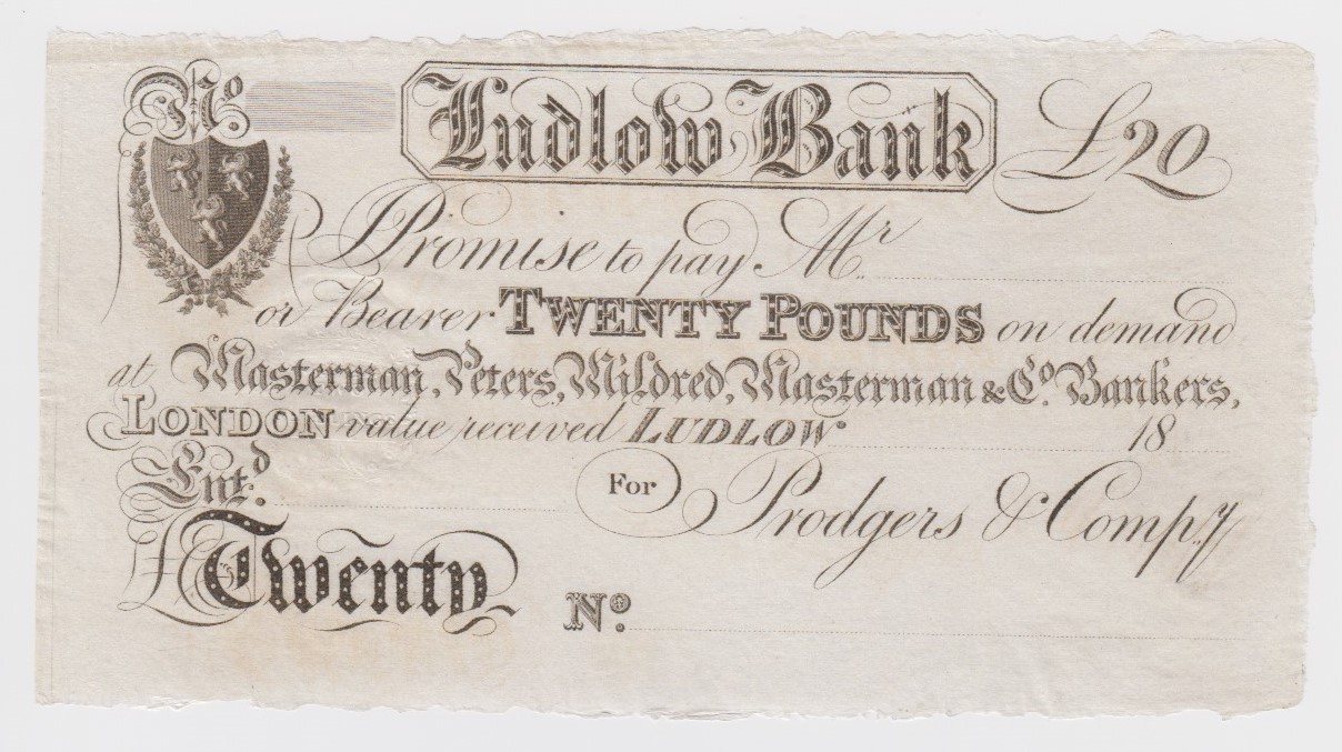 Ludlow Bank 20 Pounds unissued 18xx, without date or signature, for Prodgers & Compy. (