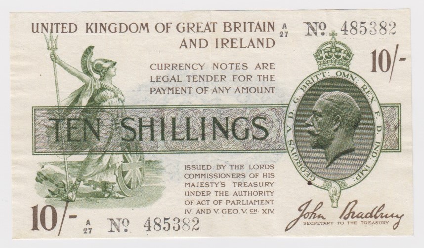 Bradbury 10 Shillings issued 1918, serial A/27 485382, No. with dot (T17, Pick350a) cleaned &