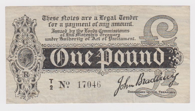 Bradbury 1 Pound issued 1914, scarce with letters PO, GE and A2 seen in watermark, serial T/2