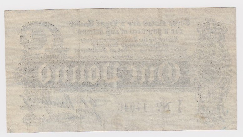 Bradbury 1 Pound issued 1914, scarce with letters PO, GE and A2 seen in watermark, serial T/2 - Image 2 of 2