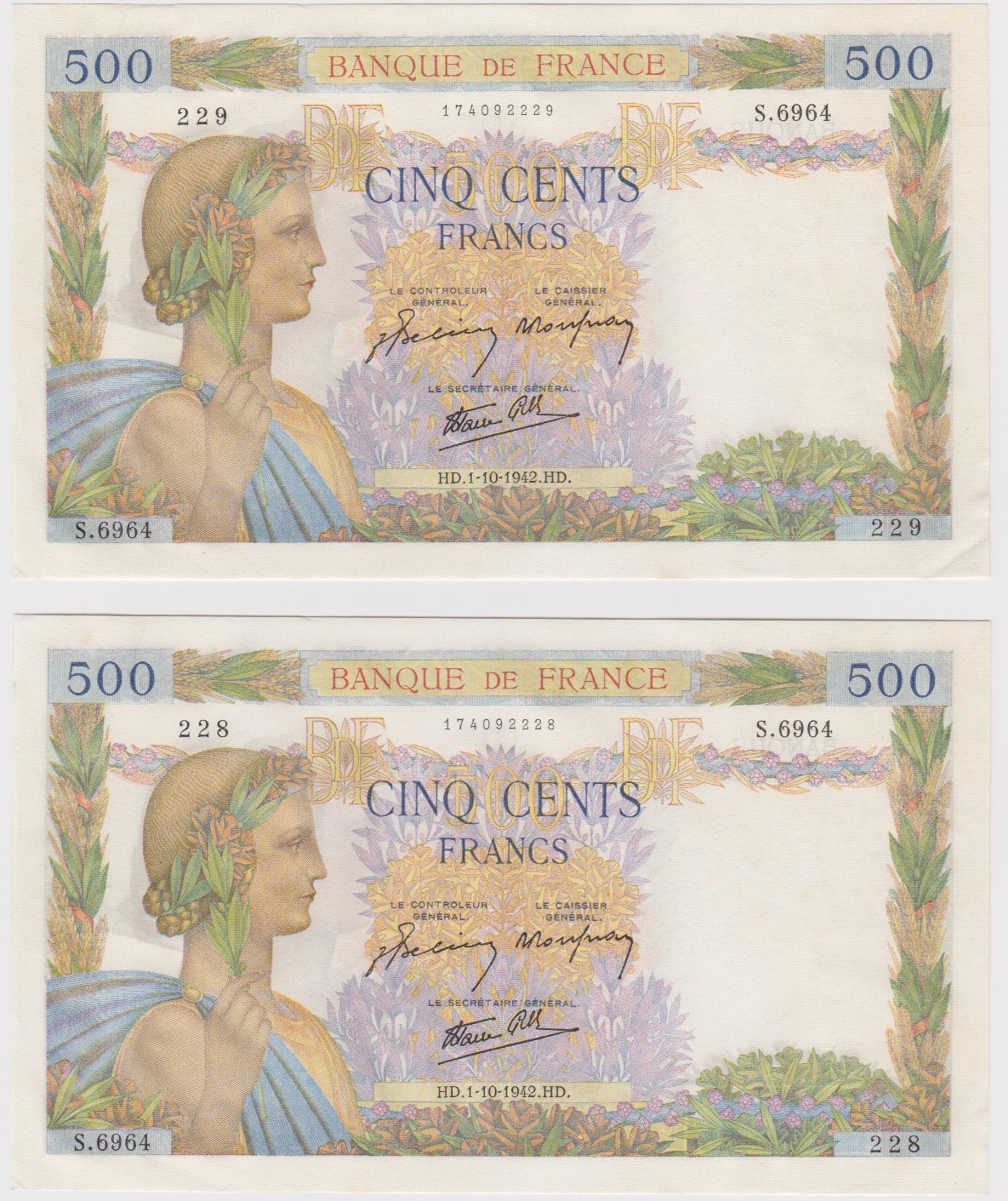 France 500 Francs (2) dated 1st October 1942, a consecutively numbered pair, serial S.6964 228 & S.