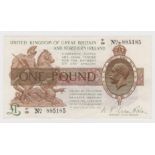 Warren Fisher 1 Pound issued 1927, FIRST SERIES 'S1' prefix, serial S1/89 885185, Great Britain &