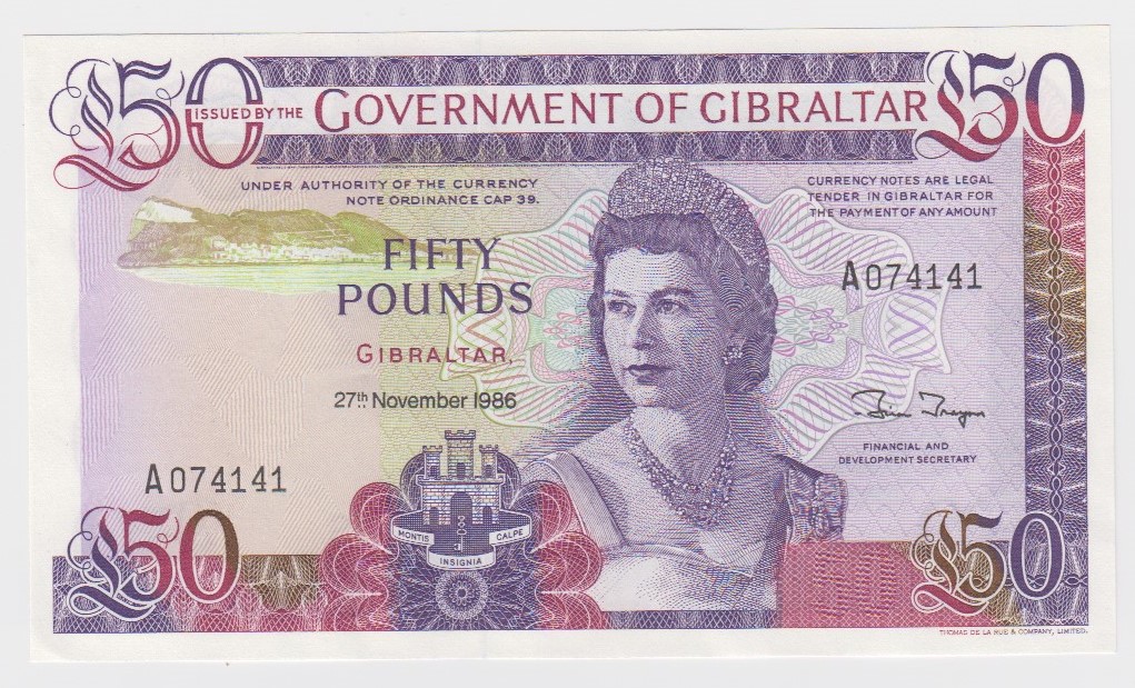 Gibraltar 50 Pounds dated 27th November 1986, serial A074141 (TBB B122a, Pick24) Uncirculated