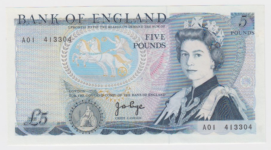 Page 5 Pounds issued 1971, scarce FIRST RUN 'A01' prefix, serial A01 413304 (B332, Pick378a) light