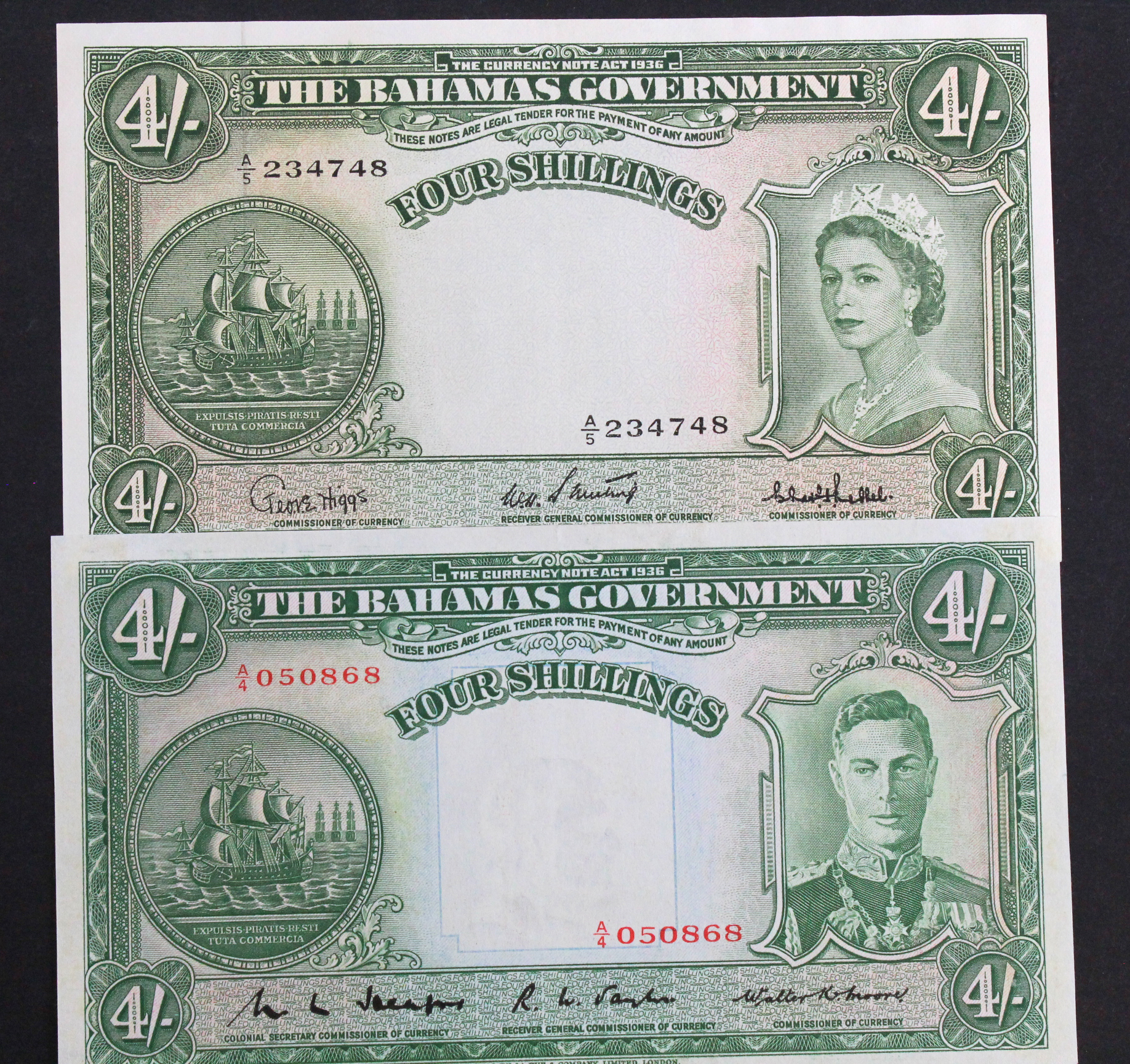 Bahamas (2), 4 Shillings issued 1953 (1961), portrait Queen Elizabeth II at right, serial A/5 234748