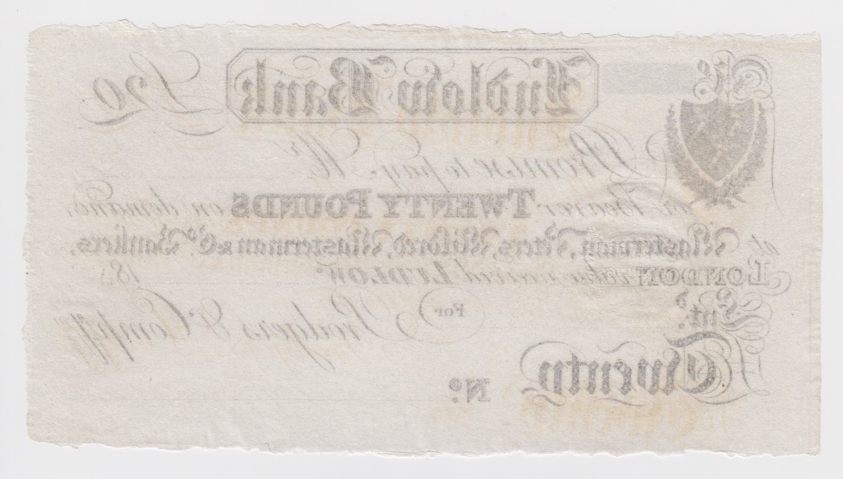 Ludlow Bank 20 Pounds unissued 18xx, without date or signature, for Prodgers & Compy. ( - Image 2 of 2