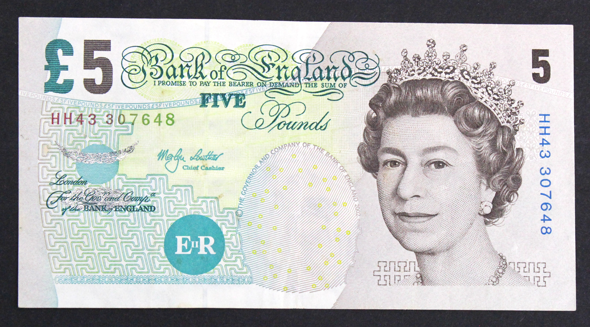 ERROR Lowther 5 Pounds issued 2002, a very unusual HOLOGRAM error, silver foil hologram visible in 2